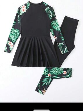 SHEIN Black Tropical Floral Long Sleeve Girls Swim Set new size 13y